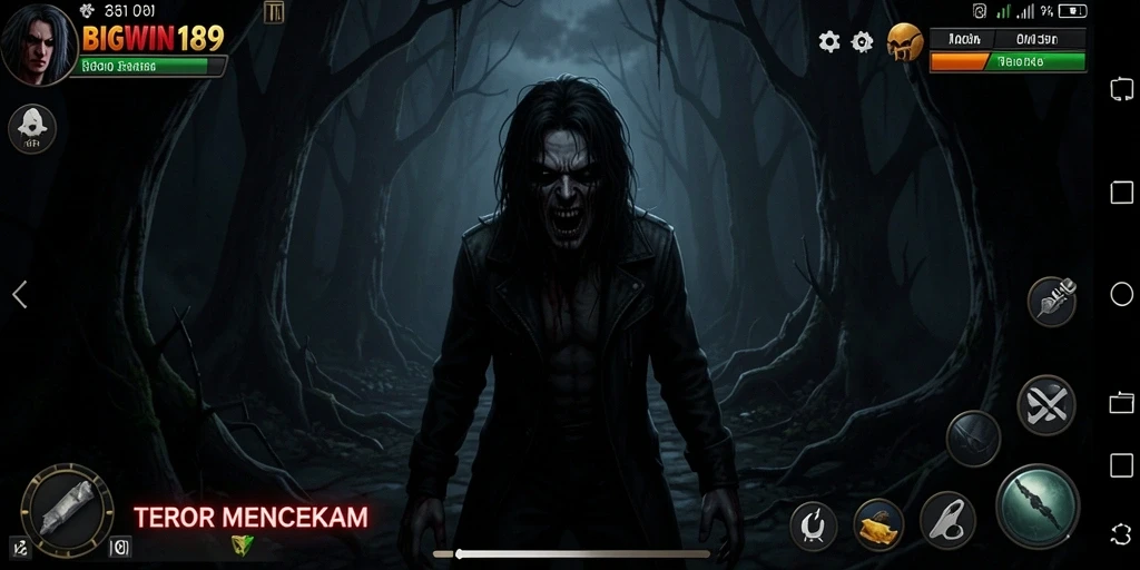 Gameplay BIGWIN189 menampilkan suasana Horror yang mencekam dengan efek suara yang menyeramkan.