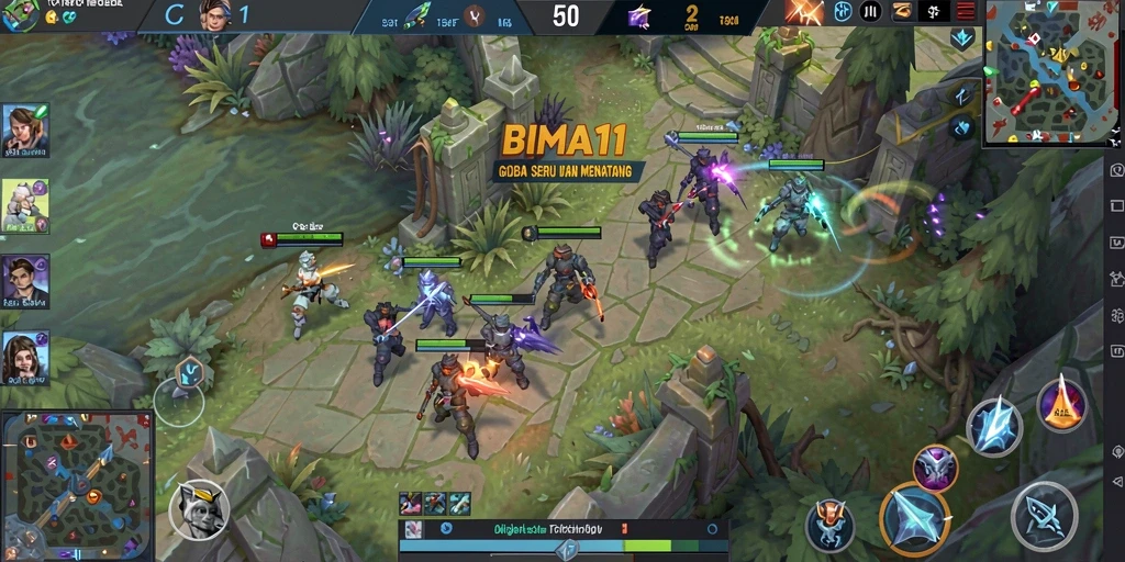 Screenshot utama BIMA11 menampilkan aksi seru dalam pertarungan karakter MOBA.