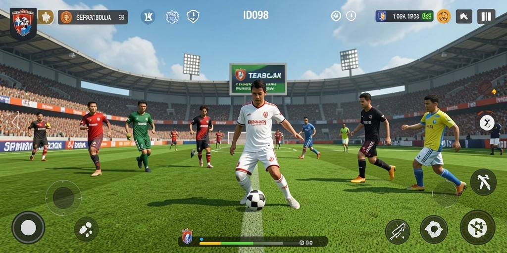 Screenshot utama ID098 menampilkan aksi pertandingan sepak bola yang seru.