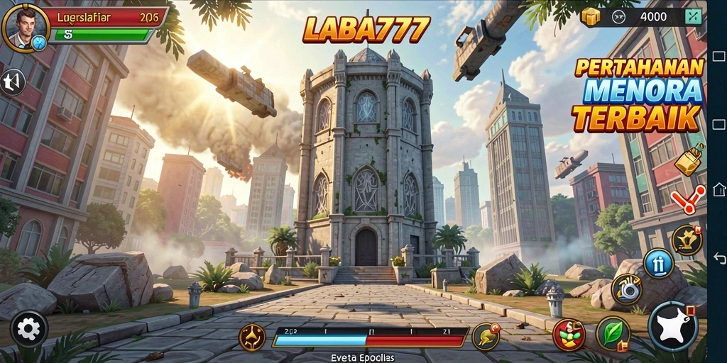Tangkapan layar dari gameplay LABA777 menampilkan menara yang berfungsi untuk melindungi basis dari serangan musuh.