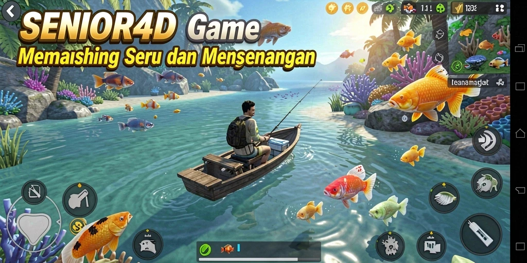 Tampilan gameplay menarik di <strong>SENIOR4D</strong> saat memancing ikan di lokasi menakjubkan.